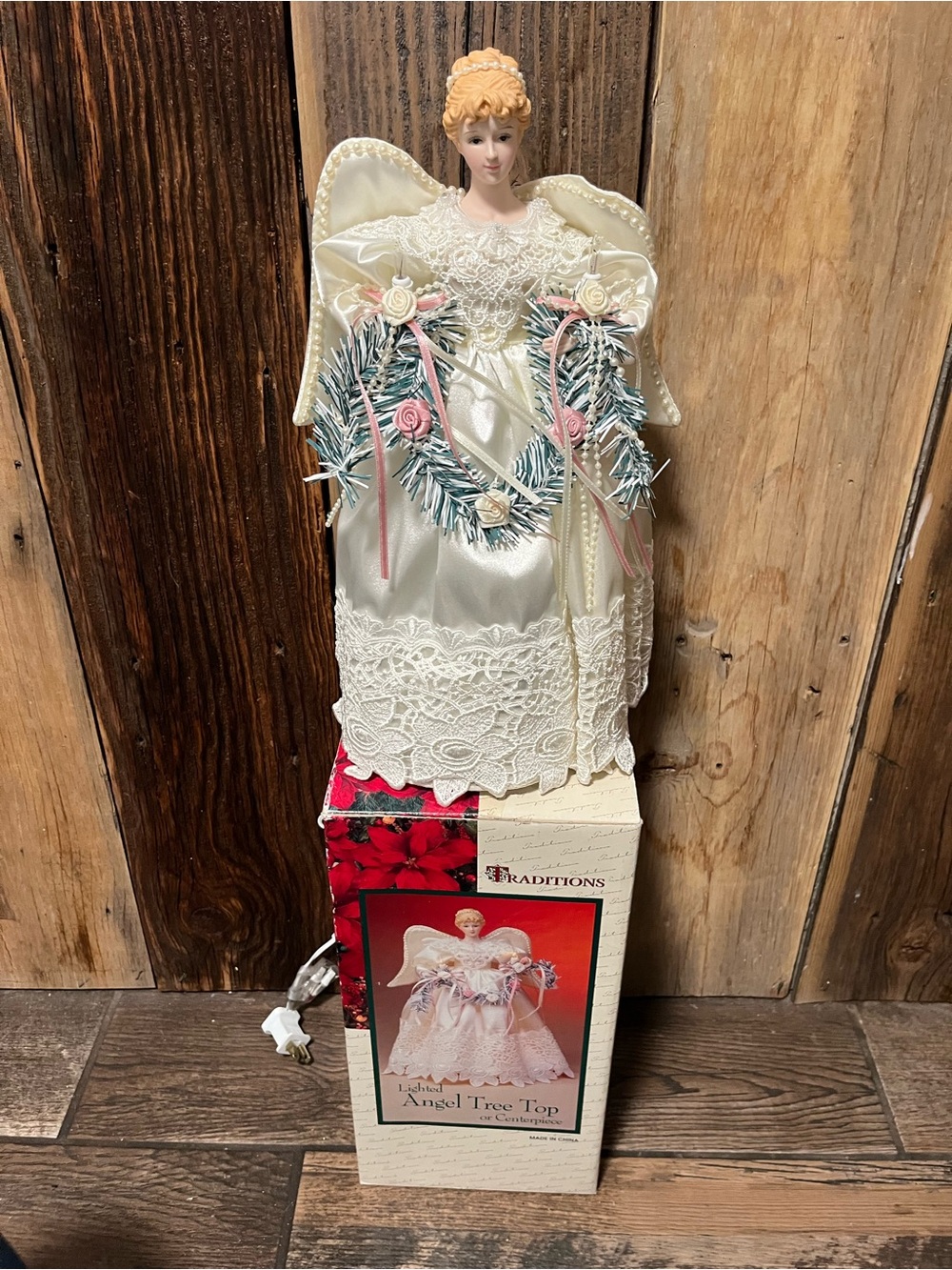Holiday Angel Tree Topper in Ivory with Pink Accents